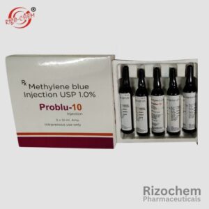 Methylene blue 1mg Injection vial used for medical treatment, distributed by a leading pharmaceuticals wholesaler and exporter in India.