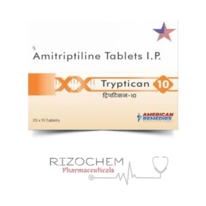 Tryptican amitriptyline 10mg" in short: "Blister pack of Tryptican amitriptyline 10mg tablets for pain relief and depression treatment.