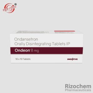 Ondanz 8mg tablet - White oval pill with 'Ondanz 8' imprint, used to treat nausea and vomiting. Manufactured by a pharmaceuticals wholesaler & exporter company from India.